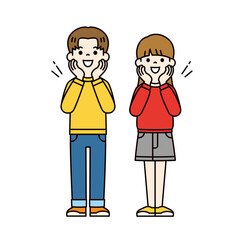 目を輝かせて興奮する、若い男性と女性の全身ベクターイラスト素材＿カラー