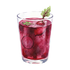 Watercolor Beet Juice Glass with Fresh Beetroot Isolated on White Background, Healthy Purple Red Drink Vector Illustration