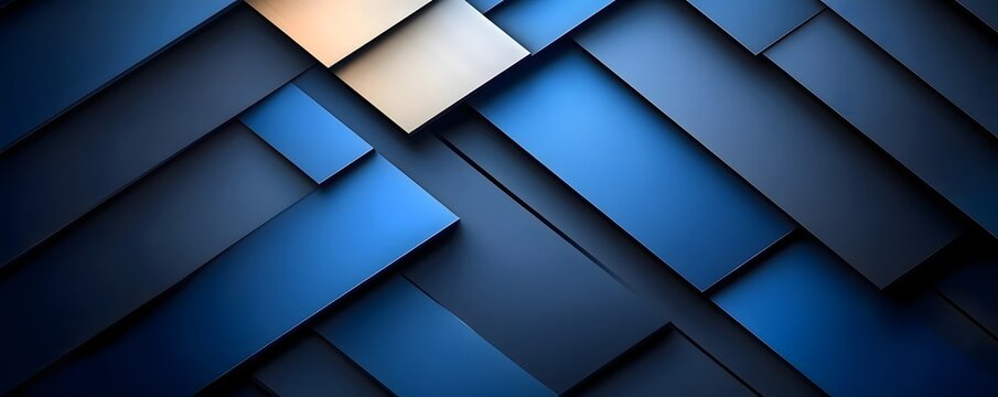 An abstract arrangement of overlapping blue and gray rectangles with a gold rectangle accenting the design