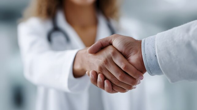 Two medical professionals in white coats shaking hands symbolizing trust and partnership in healthcare