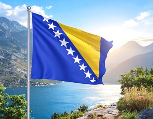 Waving Bosnian flag on scenic backdrop
