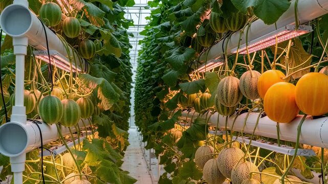 Medium shot focusing on melon clusters growing in hydroponic vertical racks emphasizing efficient space use and vibrant plant health under greenhouse lights.