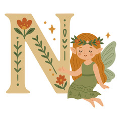 Gentle nymph with floral Letter N whimsical folk style vector perfect for alphabet learning, nursery posters, personalized prints, children’s books, flashcards, emblems, and fantasy themed decor