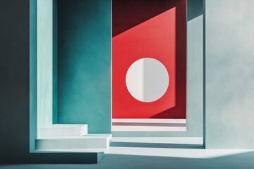 Minimalist Architectural Interior Background with Red Wall and White Circle