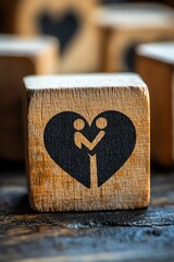 Closeup shot of a single wooden block with empathy icon two figures embracing inside a heart