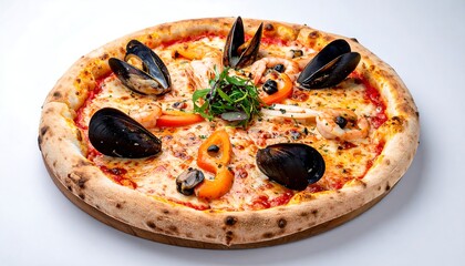 Round pizza with seafood toppings