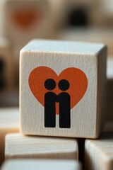 Closeup shot of a single wooden block with empathy icon two figures embracing inside a heart