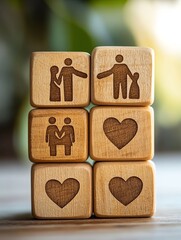 Empathy concept   A stack of wooden blocks with engraved empathy icons two people hugging