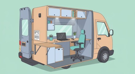 Mobile office in van with desk, chair and laptop, work from anywhere