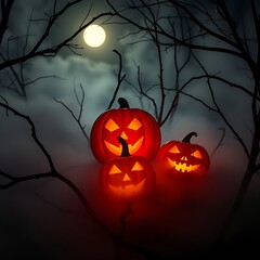 Glowing pumpkins with fog and dry branches for Halloween