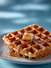 Golden waffle with butter and syrup on plate, appetizing breakfast.