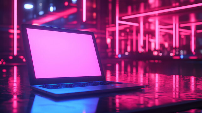 Modern laptop featuring a blank chroma key screen glowing with pink light, positioned on a glass desk amidst a vibrant cyberpunk city illuminated by neon lights at night