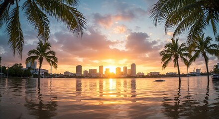 Sunset Over City Skyline with Palm Trees Reflecting on Water