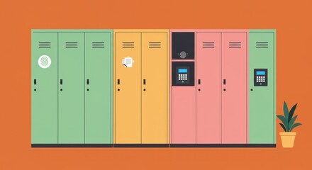 Colorful lockers with various locking options against orange backdrop