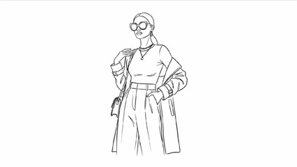 Black Line Drawing of Stylish Woman – Minimalist Fashion and Elegant Continuous Line Art