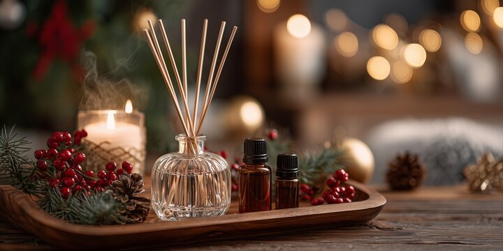 glass aroma diffuser with wooden sticks, placed on wooden tray with small bottles of essential oils, pine branches, red berries, and golden ornaments for Christmas decoration