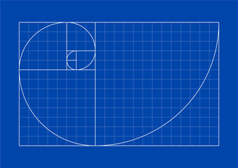 Golden Ratio Fibonacci Spiral with Grid on Blue Background. Mathematical Design.