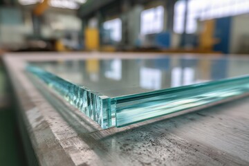 Close-up of a large sheet of clear glass, its edges precisely cut and showing a slightly frosted or textured edge.  Factory background is blurred
