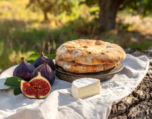 Rustic bread and cheese on a log