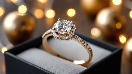 Golden engagement ring with big diamond in elegant open box surrounded by Christmas lights bokeh and golden Christmas balls is waiting for the proposal during winter holidays