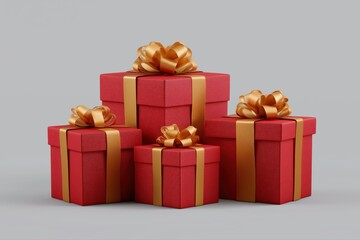 Fototapeta premium Four red gift boxes with golden ribbons on gray background