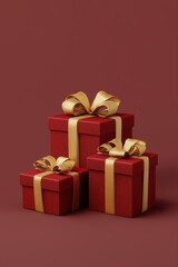 Obraz premium Red gift boxes with gold ribbons on red background