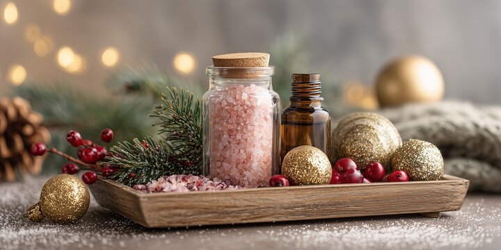 spa composition with glass jars of pink bath salts, small bottles of essential oils, pine branches and red berries as Christmas decoration, golden ornaments scattered on wooden tray