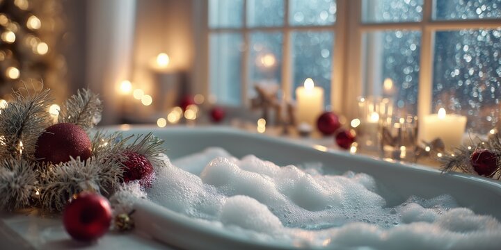 luxurious bathtub filled with white foam and bubbles, glowing candlelight around, pine branches with red ornaments and golden fairy lights decorating the edge, frosted window in background 