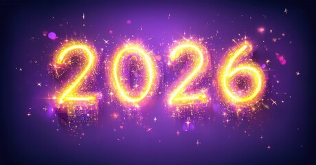 Bright golden numbers 2026 shine against purple backdrop. Sparkles create festive, celebratory mood. Future year displayed prominently.