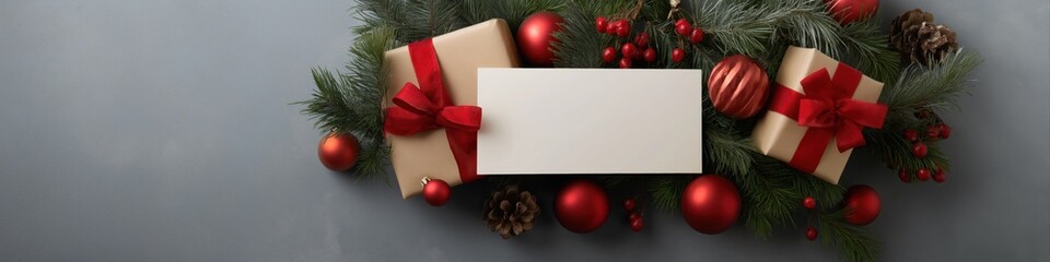 Christmas gift arrangement with bows, pinecones, and evergreen decorations