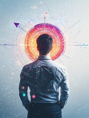 Business goals concept   A man with short black hair wearing a white shirt presenting a glowing colorful digital target icon with an arrow