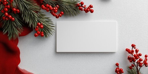 Festive christmas card mockup with red berries, pine branches, and blank space
