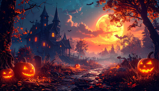 Stunningly atmospheric, dark, and spooky Halloween scene. Jack-o'-lanterns with sinister, glowing faces. Haunted house nestled in the background.
