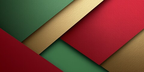 geometric abstract composition, overlapping paper textures, large sheets in gold, red, and green, clean minimalist arrangement, subtle shine and soft shadows, high depth of field, smooth surface 