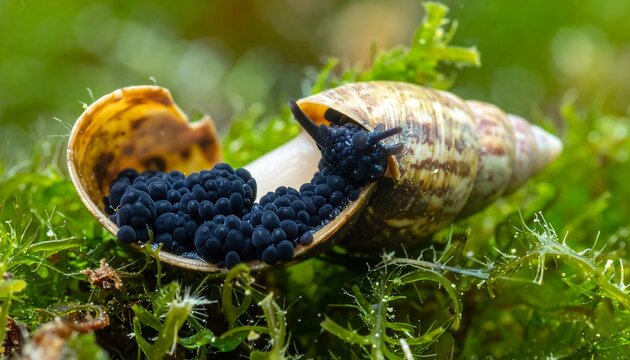 Snail with eggs on moss