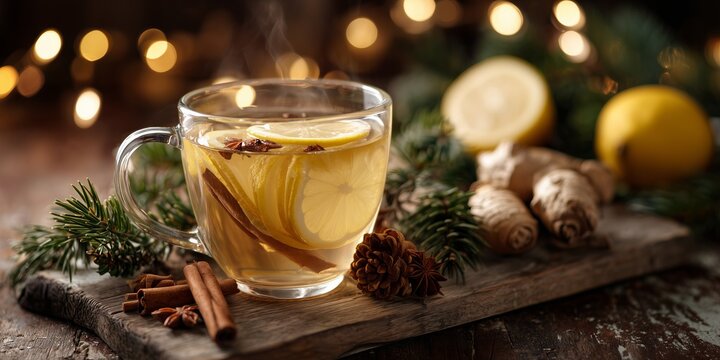 steaming glass cup of herbal tea with ginger slices, lemon wedges, and cinnamon stick, placed on rustic wooden tray with fir branches and pinecones