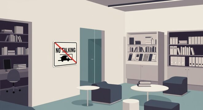 Illustration of quiet office with study space and lounge area