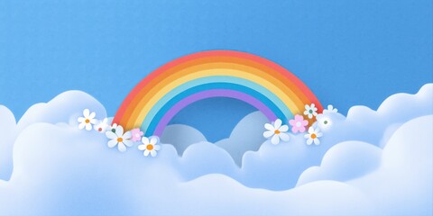 Colorful rainbow arching over fluffy clouds with daisies on a clear blue day