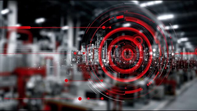 ICS. Industrial Control Systems. Cybersecurity. Industrial automation. IIoT. Critical infrastructure. Abstract digital design with circular red patterns over a blurred industrial background.