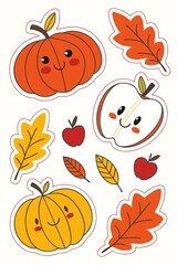 Set of halloween pumpkins. Colorful set of cute, hand-drawn autumn elements including pumpkin, apples, and various leaves