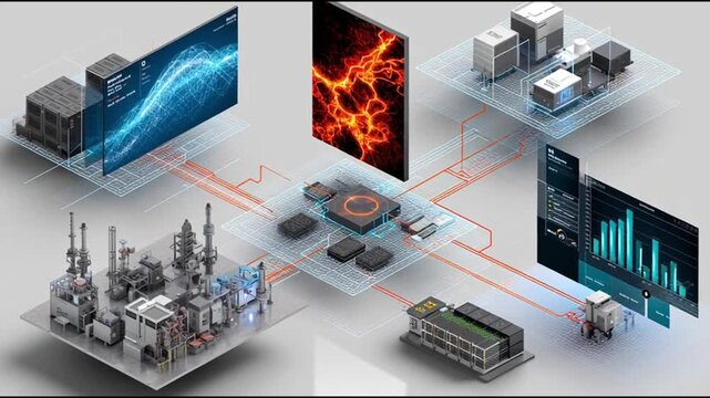 ICS. Industrial Control Systems. Cybersecurity. Industrial automation. IIoT. Critical infrastructure. Futuristic industrial control system with data visualization elements.