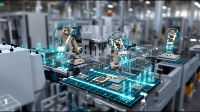 ICS. Industrial Control Systems. Cybersecurity. Industrial automation. IIoT. Critical infrastructure. A futuristic holographic display of electronic components in a factory setting.
