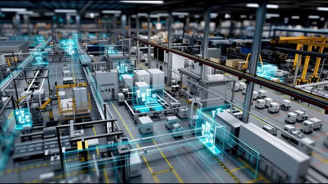 ICS. Industrial Control Systems. Cybersecurity. Industrial automation. IIoT. Critical infrastructure. A detailed view of a modern industrial factory setup.