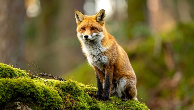 Red fox on mossy log in forest