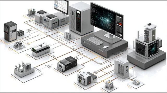 ICS. Industrial Control Systems. Cybersecurity. Industrial automation. IIoT. Critical infrastructure. A visual representation of a complex technological setup with devices.
