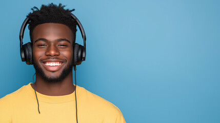 Portrait of a person with afro wearing headphones and a yellow shirt in a studio setting