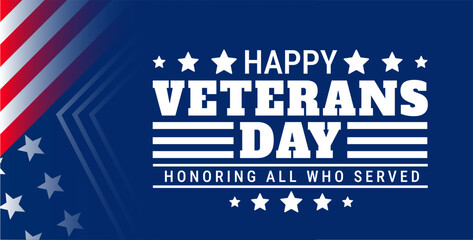 Naklejka premium Happy Veterans Day with usa flag and Veteran design background, banner, card or poster design template is observed every year during November, to raise awareness about the mission.