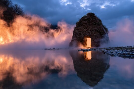 Ancient stone archway, steaming hot spring, tranquil reflection