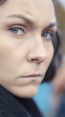 Fototapeta premium Close-up portrait of a serious woman looking sideways with intense expression in natural light. Focused mood with blurred background and subtle copy space.