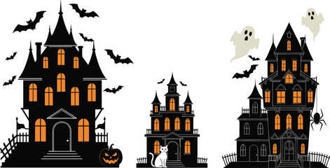 Three Haunted Houses with Ghosts, Bats, Pumpkins, and Spiders Halloween Vector Illustration for Spooky Holiday, Party, Decoration, and Seasonal Use